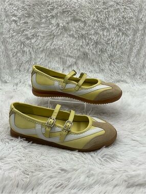 Bronx Yellow White and Tan Double-Strap Mary Jane Flats